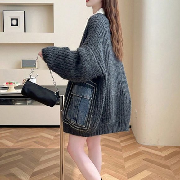 Grey Casual Womens Pocket Decor Drop Shoulder Oversized Cardigan - Picture 2 of 3